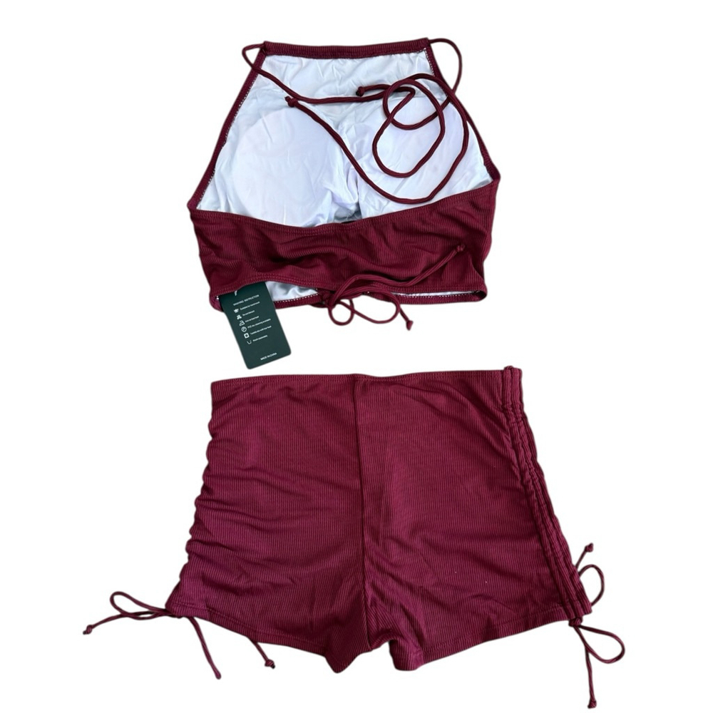 Sucrefas Ribbed Burgundy Cutout Halter Swim Set Shorts NWT Size S - Picture 3 of 5
